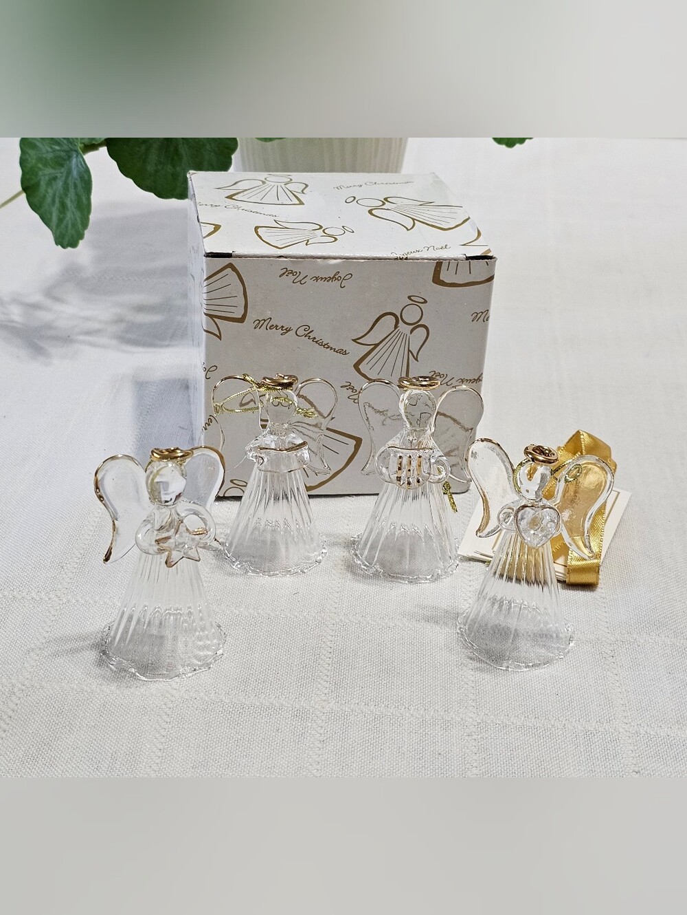 Vintage Avon Hand Blown Glass Angel Gift Set of 4 22K Gold Accents